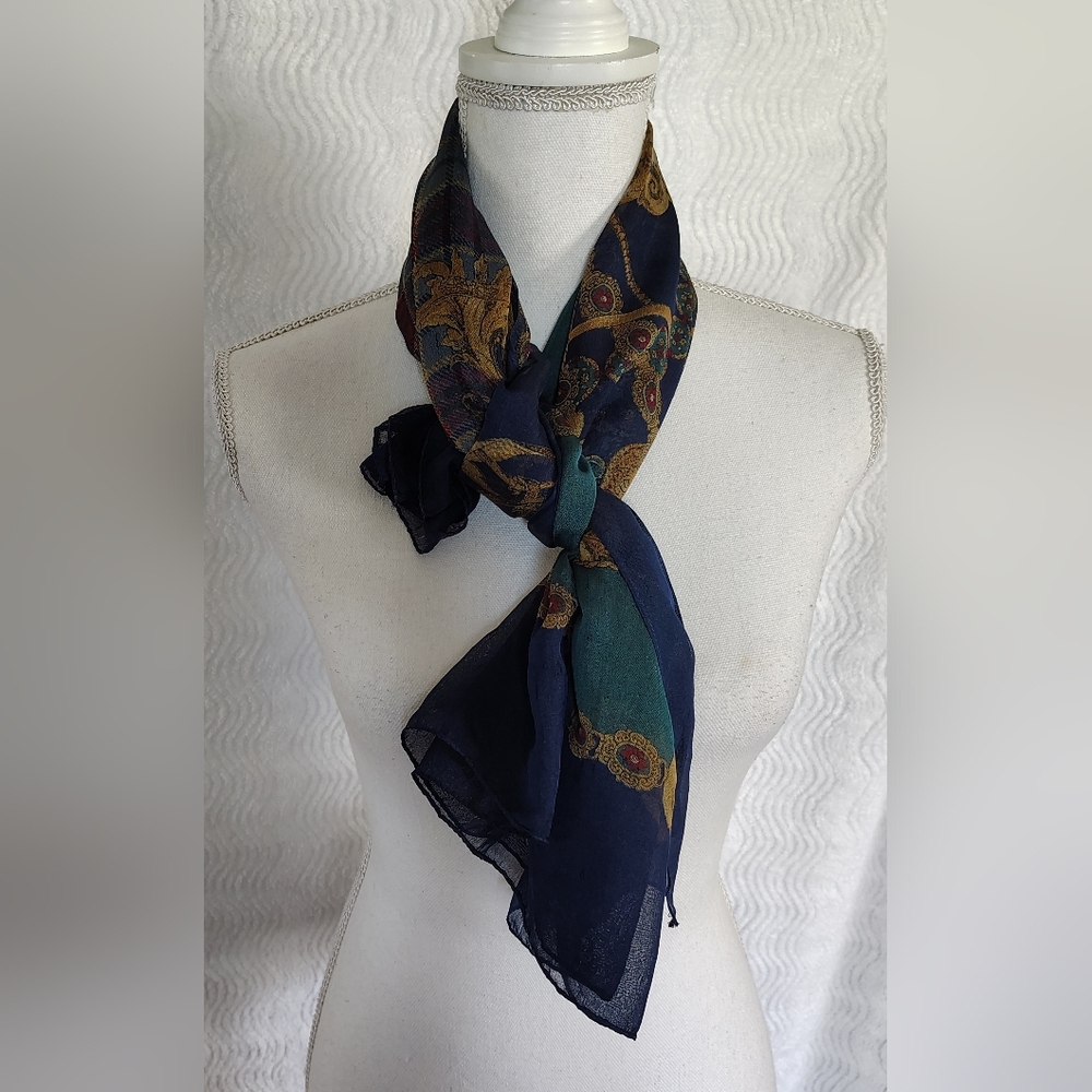 Compagnie Internationale Express Equestrian Plaid Gold Filigree Scarf Old Money - Picture 4 of 17